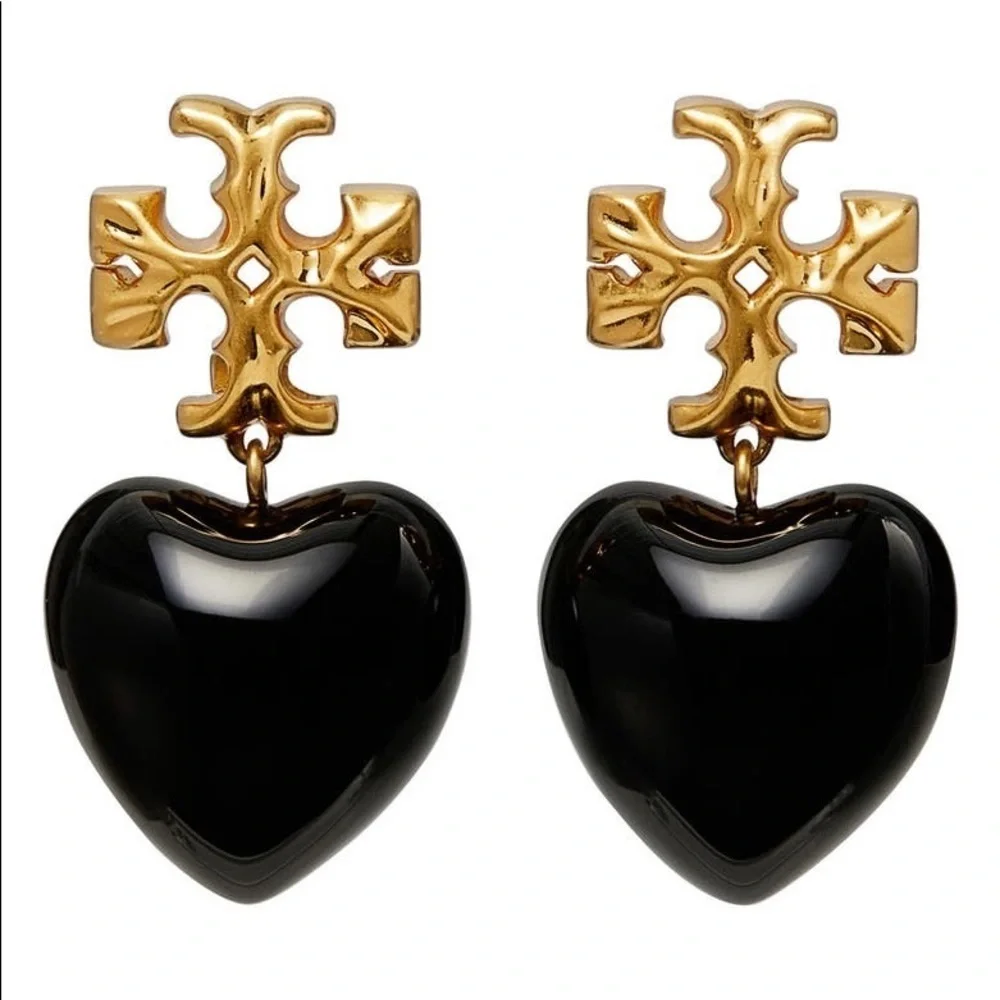 Tory Burch Authentic Vintage Roxanne Gold-Tone & Resin Heart Earrings In Black - Picture 6 of 10